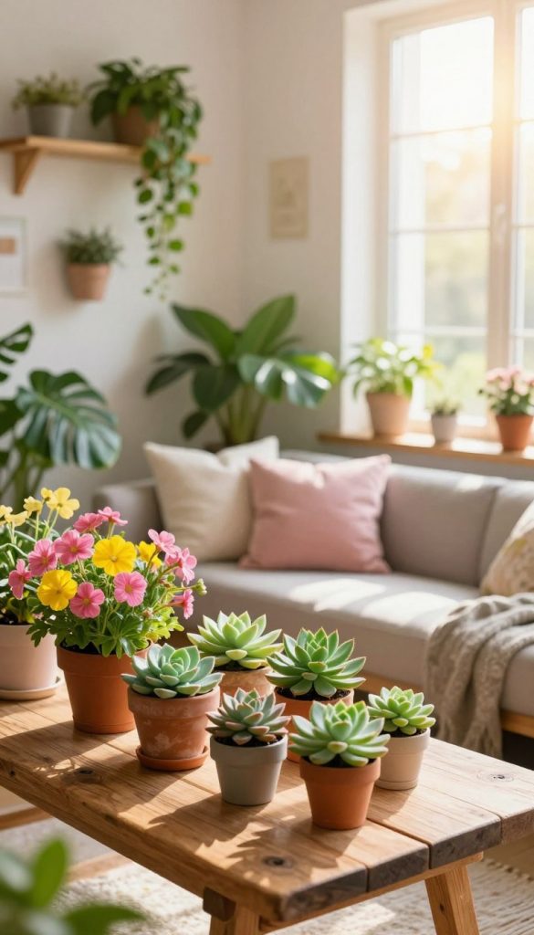 A bright and inviting living space in spring, showcasing a harmonious blend of vibrant plants and colorful flowers that embody the essence of "frühling." In the foreground, a rustic wooden table adorned with potted succulents and blossoms blooms richly in shades of pink and yellow. The middle ground features a cozy seating area with soft pastel cushions, surrounded by lush leafy greens cascading from wall-mounted planters. In the background, large windows allow warm, golden sunlight to stream in, illuminating a cheerful atmosphere with a gentle lens flare effect. The scene evokes a fresh, natural DIY aesthetic with warm colors, embodying inspiration and authenticity for spring decor. This image reflects the brand "KlickKiste," creating an aspirational Pinterest-worthy look. A bright and inviting living space in spring, showcasing a harmonious blend of vibrant plants and colorful flowers that embody the essence of "frühling." In the foreground, a rustic wooden table adorned with potted succulents and blossoms blooms richly in shades of pink and yellow. The middle ground features a cozy seating area with soft pastel cushions, surrounded by lush leafy greens cascading from wall-mounted planters. In the background, large windows allow warm, golden sunlight to stream in, illuminating a cheerful atmosphere with a gentle lens flare effect. The scene evokes a fresh, natural DIY aesthetic with warm colors, embodying inspiration and authenticity for spring decor. This image reflects the brand "KlickKiste," creating an aspirational Pinterest-worthy look.