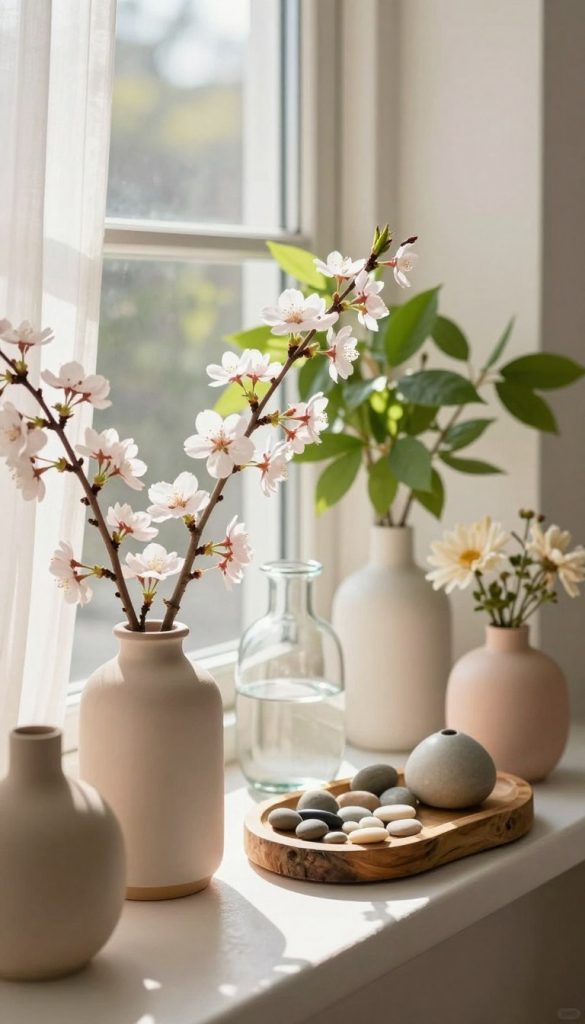 A bright and inviting window sill, decorated with an assortment of modern vases in soft pastel colors, showcasing seasonal flowers and natural twigs. The foreground features a ceramic vase filled with delicate cherry blossoms, and a glass vase subtly reflecting sunlight, while a rustic wooden tray holds an assortment of pebbles and smaller floral arrangements. In the middle ground, lush green leaves peek out, enhancing the freshness of spring. The background shows a softly blurred window with sheer white curtains, allowing warm natural light to filter in, creating a serene and inspiring atmosphere. Capture this scene with a warm color palette, emphasizing the authenticity of DIY home decor, as seen in the stylings of "KlickKiste." Use a soft focus effect to enhance the inviting mood.