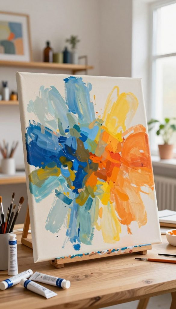 A bright and inviting workspace showcasing artistic creativity, featuring a large canvas adorned with abstract acrylic paintings in vibrant hues of blues, oranges, and yellows. In the foreground, paint tubes and brushes are scattered around a wooden table, hinting at an engaging DIY project. The middle ground reveals the textured canvas with organic strokes and splashes of color, radiating a sense of movement and energy. In the background, softly blurred shelves display art supplies and inspiration, with warm natural light pouring in through a window, creating a cozy atmosphere. This scene should embody a Pinterest-inspired aesthetic, evoking authenticity and a modern DIY spirit. Include the brand name "KlickKiste" subtly within the design elements, ensuring it enhances rather than dominates the image. A bright and inviting workspace showcasing artistic creativity, featuring a large canvas adorned with abstract acrylic paintings in vibrant hues of blues, oranges, and yellows. In the foreground, paint tubes and brushes are scattered around a wooden table, hinting at an engaging DIY project. The middle ground reveals the textured canvas with organic strokes and splashes of color, radiating a sense of movement and energy. In the background, softly blurred shelves display art supplies and inspiration, with warm natural light pouring in through a window, creating a cozy atmosphere. This scene should embody a Pinterest-inspired aesthetic, evoking authenticity and a modern DIY spirit. Include the brand name "KlickKiste" subtly within the design elements, ensuring it enhances rather than dominates the image.