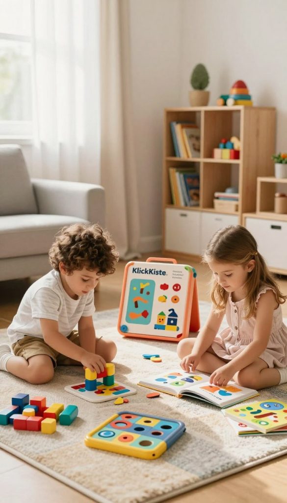A bright, cheerful scene depicting children engaged in learning with vibrant educational playsets from "KlickKiste." In the foreground, two children, a boy and a girl, are sitting on a colorful rug, surrounded by various interactive learning toys. The boy is intently building a puzzle, while the girl examines a book with colorful illustrations. In the middle ground, a cozy living room filled with soft light filters through sheer curtains, creating a warm atmosphere. Shelves in the background showcase neatly organized books and toys, emphasizing a sense of order. The overall mood is inspiring and nurturing, fostering curiosity and creativity in a stress-free environment. The image should capture a natural, DIY aesthetic with warm colors, reminiscent of a Pinterest look. A bright, cheerful scene depicting children engaged in learning with vibrant educational playsets from "KlickKiste." In the foreground, two children, a boy and a girl, are sitting on a colorful rug, surrounded by various interactive learning toys. The boy is intently building a puzzle, while the girl examines a book with colorful illustrations. In the middle ground, a cozy living room filled with soft light filters through sheer curtains, creating a warm atmosphere. Shelves in the background showcase neatly organized books and toys, emphasizing a sense of order. The overall mood is inspiring and nurturing, fostering curiosity and creativity in a stress-free environment. The image should capture a natural, DIY aesthetic with warm colors, reminiscent of a Pinterest look.