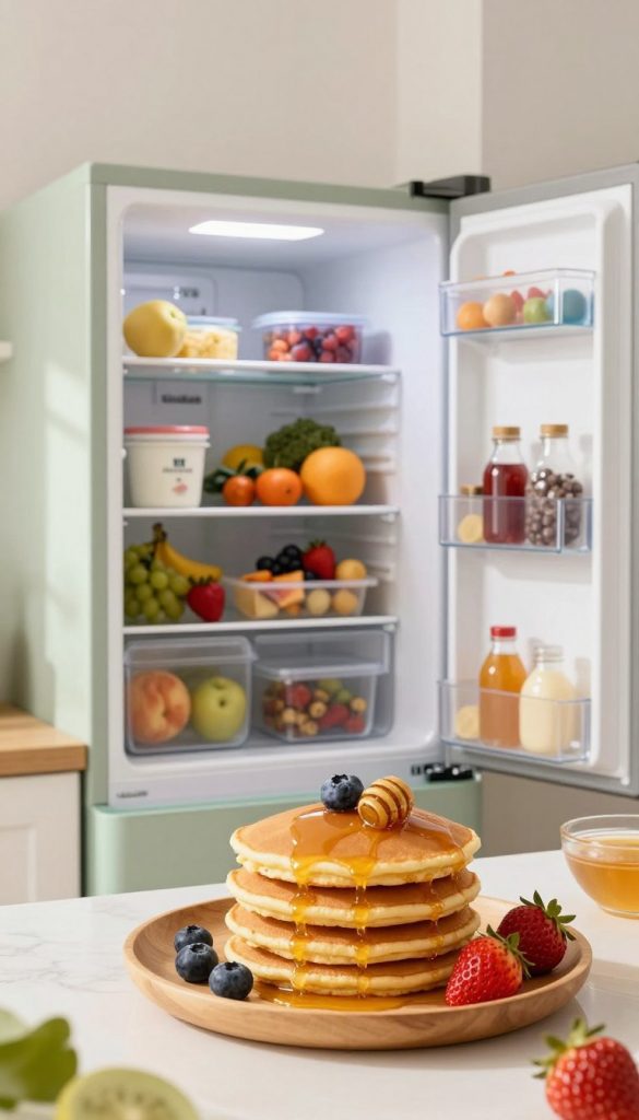 A bright, inviting kitchen scene featuring a modern refrigerator with a clean design, styled in soft pastel colors. In the foreground, a stack of fluffy protein pancakes is elegantly placed on a wooden plate, adorned with fresh fruits like blueberries and strawberries, drizzled with honey. The middle ground showcases the open refrigerator, filled with healthy ingredients, like fresh fruits, yogurt, and meal-prepped containers organized neatly. The background includes natural light streaming in through a window, casting a warm glow over the scene, enhancing the inviting atmosphere. The image reflects a natural DIY aesthetic with warm colors, embodying inspiration and authenticity. The brand name "KlickKiste" subtly integrated into the refrigerator's design enhances the overall composition without being obtrusive.