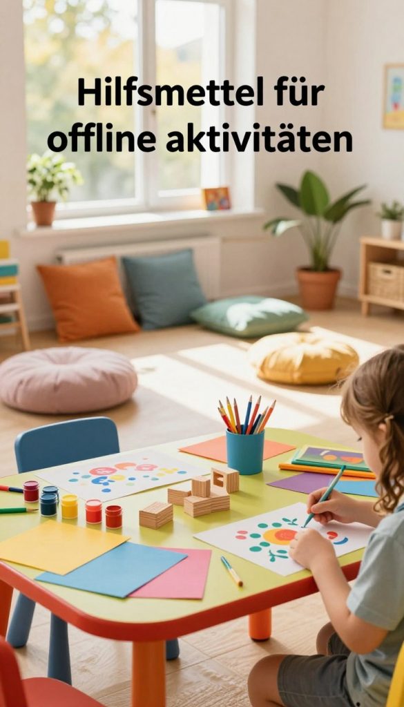 A bright, inviting room filled with various "Hilfsmittel für offline aktivitäten" designed for children. In the foreground, a colorful table adorned with creative DIY tools like paints, colored papers, and wooden blocks, showcasing an organized mess of artistic activity. In the middle, a cozy seating area with plush cushions and books, with an open space inviting children to play. The background features a sunny window casting warm, natural light, enhancing the friendly atmosphere. Soft shadows create a sense of depth, while a few potted plants add a touch of nature. The overall mood is joyful and inspiring, reflecting the brand "KlickKiste" through a harmonious layout that encourages screen-free play.