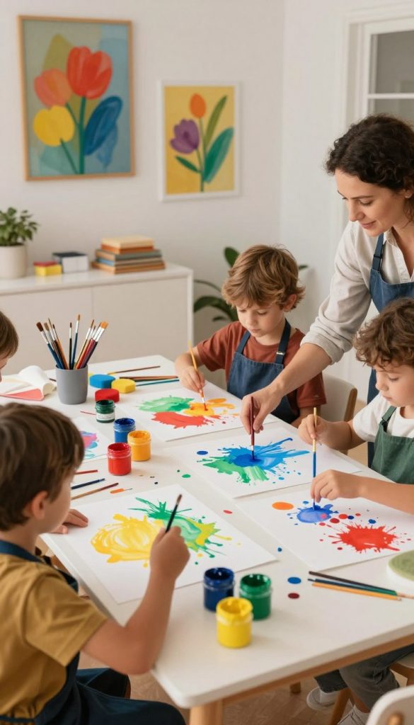 A brightly lit, inviting indoor scene showcasing a family engaging in colorful painting projects together. In the foreground, a table covered with vibrant paint pots in shades of red, blue, yellow, and green. Children, dressed in casual clothes, joyfully splashing color onto large sheets of paper while a parent encourages them. The middle layer features eclectic art supplies like brushes, sponges, and aprons scattered around, hinting at creativity and fun. The background displays colorful wall art inspired by their projects, creating a cozy, artistic atmosphere. Warm, natural lighting enhances the cheerful mood, with a focus on authenticity and inspiration. Incorporate the brand name "KlickKiste" subtly into the decor for a sophisticated touch.