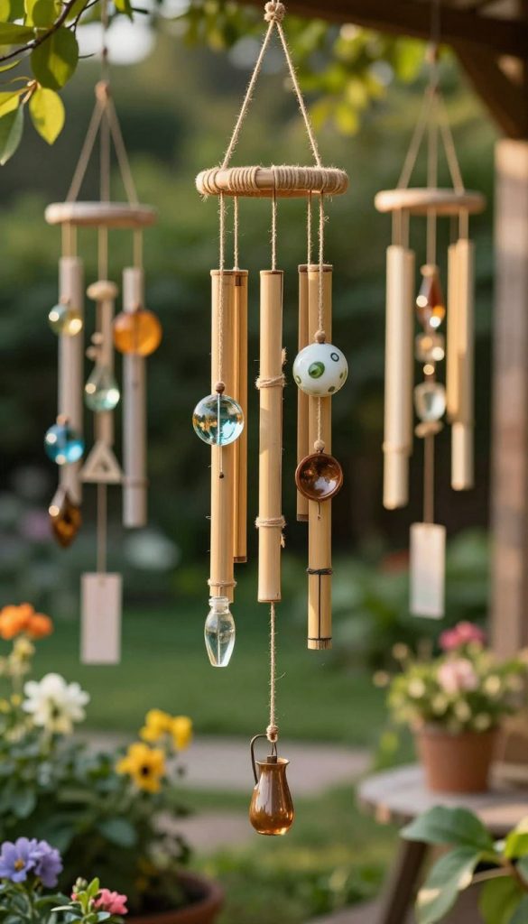 A captivating DIY wind chime display in a serene garden setting. In the foreground, focus on a beautifully designed suspension mechanism made of natural materials like bamboo and jute twine, elegantly holding various sound bodies crafted from recycled glass, metal, and ceramics. The middle ground showcases the tranquil wind chimes swaying gently, their colors reflecting warm sunlight, creating a cozy, inviting atmosphere. In the background, lush greenery and blooming flowers provide a vibrant, organic backdrop, enhancing the natural look. Soft, diffused lighting simulates a late afternoon glow, emphasizing the textures and details. This image embodies the essence of creativity and nature, inspired by KlickKiste, with a Pinterest-worthy aesthetic that is both authentic and inspiring.