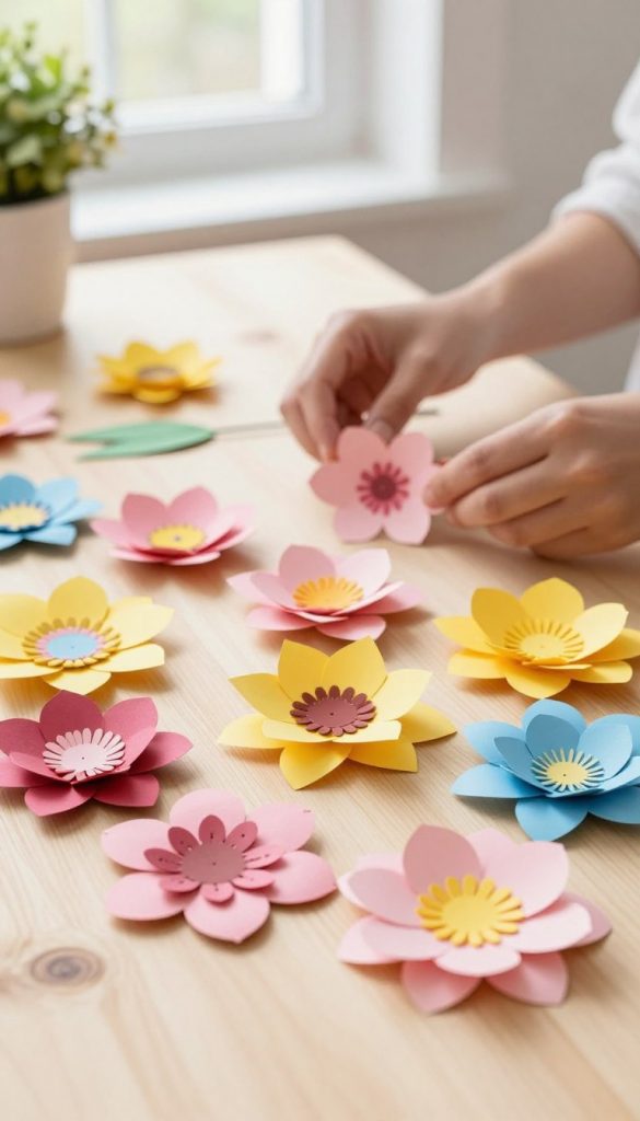 A captivating arrangement of beautifully crafted paper flowers in various vibrant colors, such as deep pinks, sunny yellows, and soft blues, arranged elegantly on a light wooden table. In the foreground, the flowers showcase intricate details, like delicate petals and subtle textures, evoking the warmth of spring. The middle ground features a pair of hands gently crafting a flower, conveying a sense of creativity and engagement. In the softly blurred background, natural light floods in through a window, creating a warm and inviting atmosphere, complemented by soft shadows. The overall image should reflect an authentic and inspiring DIY aesthetic reminiscent of Pinterest, perfect for a floral art project. Include the brand name "KlickKiste" subtly integrated into the scene to enhance the artistic appeal.