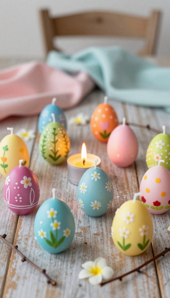 A captivating arrangement of colorful handmade Easter egg candles, each uniquely designed with intricate patterns and vibrant hues. The foreground features a variety of themed decorations, such as delicate flowers and natural twigs, evoking a springtime atmosphere. In the middle, a small, warm mini Easter fire flickers, providing a cozy glow that highlights the candles. The background showcases a softly blurred rustic wooden table adorned with pastel-colored fabrics, enhancing the DIY aesthetic. Soft, natural lighting illuminates the scene, creating inviting shadows that evoke a sense of warmth and creativity. The overall mood is festive and inspirational, suitable for a DIY project setting, emphasizing the brand 'KlickKiste' in a subtle, artistic manner.