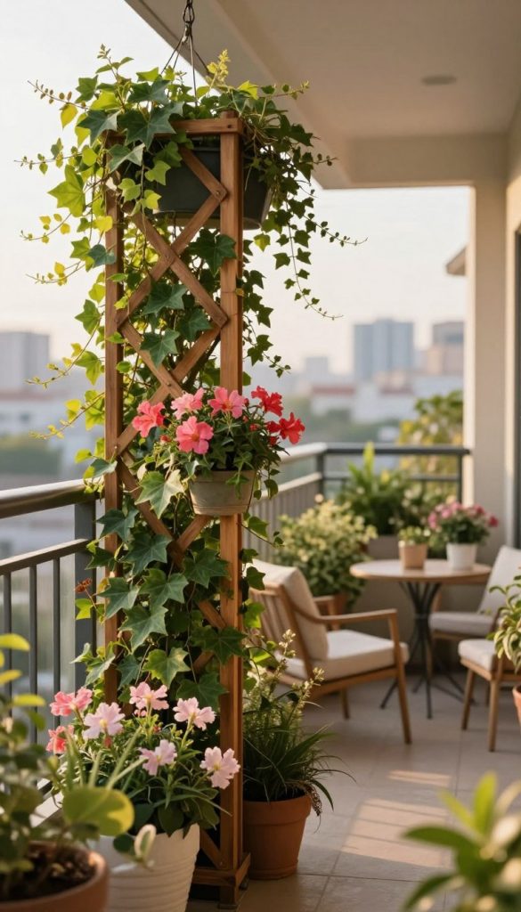 A captivating image showcasing a stylish balcony adorned with an intricately designed plant trellis featuring vibrant climbing plants such as ivy and blooming flowers, creating a lush green privacy screen. In the foreground, the trellis is crafted from natural wood, while the vivid leaves and blossoms spill over the edges, inviting warmth and life. In the middle ground, a cozy balcony setting with comfortable chairs and a small table is visible, bathed in soft, warm afternoon light that enhances the inviting atmosphere. The background should feature a blurred city skyline, emphasizing the urban setting. The overall mood is tranquil and inspirational, reflecting a harmonious blend of nature and indoor living. The image should embody a Pinterest aesthetic, ideal for showcasing innovative home ideas from "KlickKiste".
