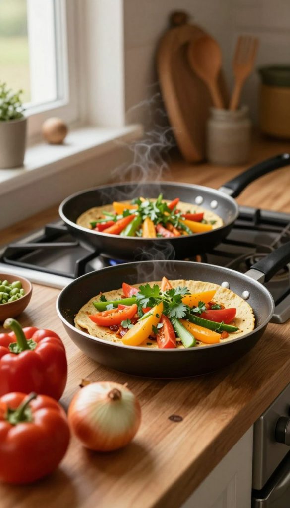 A captivating kitchen scene featuring a colorful, beautifully arranged tortilla dish in a frying pan, garnished with fresh herbs and colorful vegetables. In the foreground, a wooden countertop showcases vibrant ingredients such as bell peppers, onions, and tomatoes. The middle ground presents the frying pan sizzling on a stovetop, with warm golden light highlighting the dish's textures. The background includes kitchen utensils and rustic decor, creating a cozy atmosphere. Emphasize natural DIY aesthetics with warm colors that evoke inspiration, reflecting a Pinterest-worthy look. Soft, diffused lighting from a nearby window enhances the inviting mood, making it feel like a family-friendly cooking moment. Add subtle branding elements or motifs that suggest “KlickKiste.”