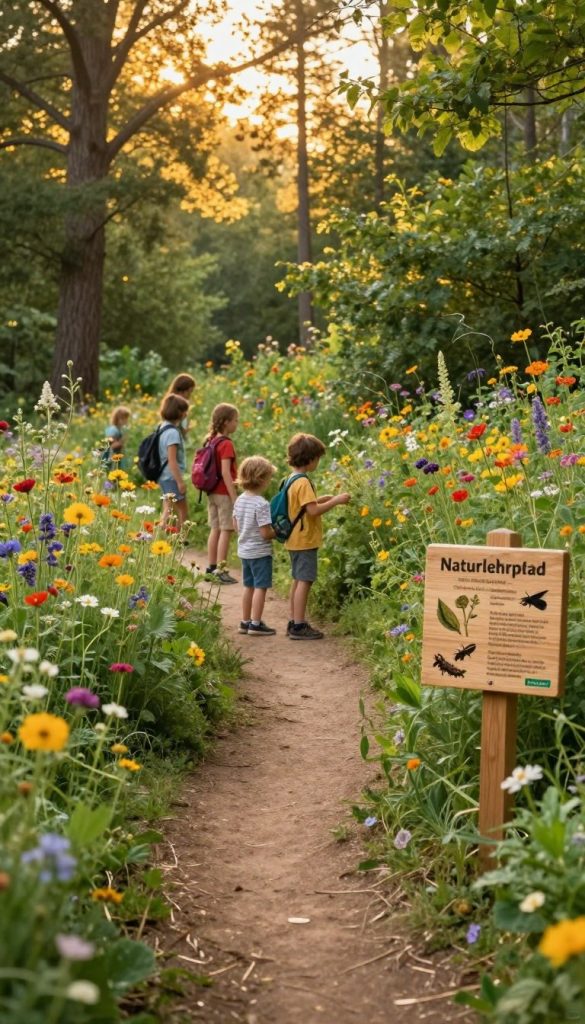 A captivating nature trail scene that embodies the essence of a "Naturlehrpfad," filled with lush greenery and vibrant wildflowers in warm colors. In the foreground, a well-maintained dirt path winds through the dense foliage, accented by natural wooden signs with educational information about local flora and fauna. The middle ground features a cheerful family, modestly dressed, engaged in exploration and learning, examining plant life and observing insects. In the background, tall trees filter soft golden sunlight, casting a warm glow over the landscape, inviting viewers to experience this outdoor adventure. Emphasize an inspiring, authentic atmosphere reminiscent of DIY Nature-inspired Pinterest aesthetics. Include a subtle branding element for "KlickKiste" integrated into the natural elements, with no visible text or overlays. A captivating nature trail scene that embodies the essence of a "Naturlehrpfad," filled with lush greenery and vibrant wildflowers in warm colors. In the foreground, a well-maintained dirt path winds through the dense foliage, accented by natural wooden signs with educational information about local flora and fauna. The middle ground features a cheerful family, modestly dressed, engaged in exploration and learning, examining plant life and observing insects. In the background, tall trees filter soft golden sunlight, casting a warm glow over the landscape, inviting viewers to experience this outdoor adventure. Emphasize an inspiring, authentic atmosphere reminiscent of DIY Nature-inspired Pinterest aesthetics. Include a subtle branding element for "KlickKiste" integrated into the natural elements, with no visible text or overlays.
