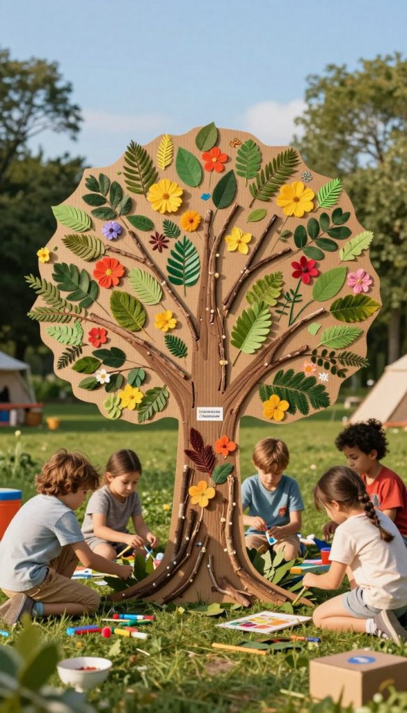 A captivating scene depicting "Karton Kunst" as a colorful and inviting art project for children. In the foreground, a large cardboard cutout shaped like a whimsical tree is adorned with natural materials such as twigs, leaves, and flowers, forming a vibrant collage. Children, dressed in modest casual clothing, eagerly fill the cutout with these elements, showcasing their creativity. The mid-ground features a sunny outdoor setting with soft green grass and a few playful art supplies scattered about, enhancing the joyful atmosphere. In the background, trees and a clear blue sky create a serene backdrop. The lighting is warm and inviting, evoking a sense of inspiration and creativity. Present the brand "KlickKiste" subtly within the composition, harmonizing with the overall aesthetic.