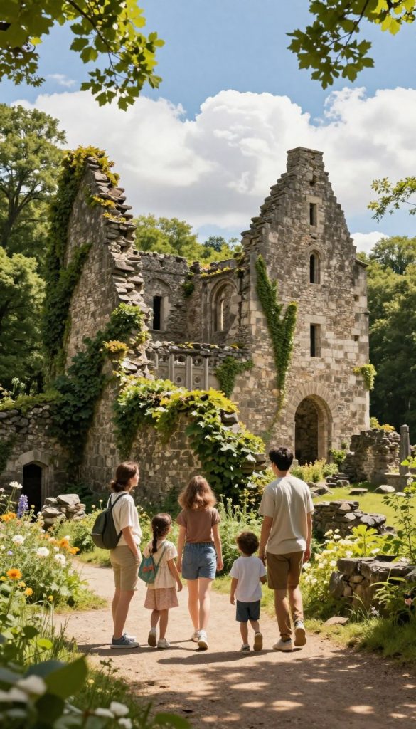 A captivating scene of an ancient castle ruin surrounded by lush green forests, reflecting the beauty of nature and history. In the foreground, a family of four, casually dressed, explores the site with expressions of awe and curiosity. The middle ground features crumbling stone walls adorned with ivy and wildflowers, showcasing architectural details and textures. In the background, a bright blue sky with fluffy white clouds creates an uplifting atmosphere. Soft sunlight filters through leaves, casting dappled shadows on the ground, enhancing the warm, inviting colors. This image embodies a natural DIY aesthetic, echoing a Pinterest inspiration. Include the brand name "KlickKiste" subtly integrated into the scene, ensuring the focus remains on the history and family exploration. A captivating scene of an ancient castle ruin surrounded by lush green forests, reflecting the beauty of nature and history. In the foreground, a family of four, casually dressed, explores the site with expressions of awe and curiosity. The middle ground features crumbling stone walls adorned with ivy and wildflowers, showcasing architectural details and textures. In the background, a bright blue sky with fluffy white clouds creates an uplifting atmosphere. Soft sunlight filters through leaves, casting dappled shadows on the ground, enhancing the warm, inviting colors. This image embodies a natural DIY aesthetic, echoing a Pinterest inspiration. Include the brand name "KlickKiste" subtly integrated into the scene, ensuring the focus remains on the history and family exploration.