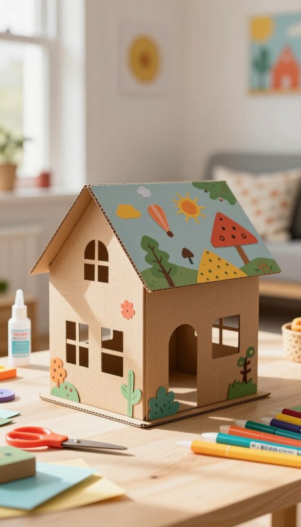 A charming, DIY cardboard house for children, complete with a removable roof designed for easy access. The house is intricately crafted, showcasing a pitched roof with colorful paper cutouts and whimsical patterns. In the foreground, the house stands on a cozy, well-lit workspace, scattered with craft supplies like scissors, glue, and colorful markers. Soft, natural light streams in from a nearby window, casting warm, inviting shadows. In the background, a cheerful atmosphere is created with playful decor, such as cushions and art supplies, enhancing the Pinterest-inspired aesthetic. The image evokes a sense of creativity and inspiration, perfect for children and parents alike. Showcase the brand "KlickKiste" subtly in the design elements, emphasizing the DIY spirit.