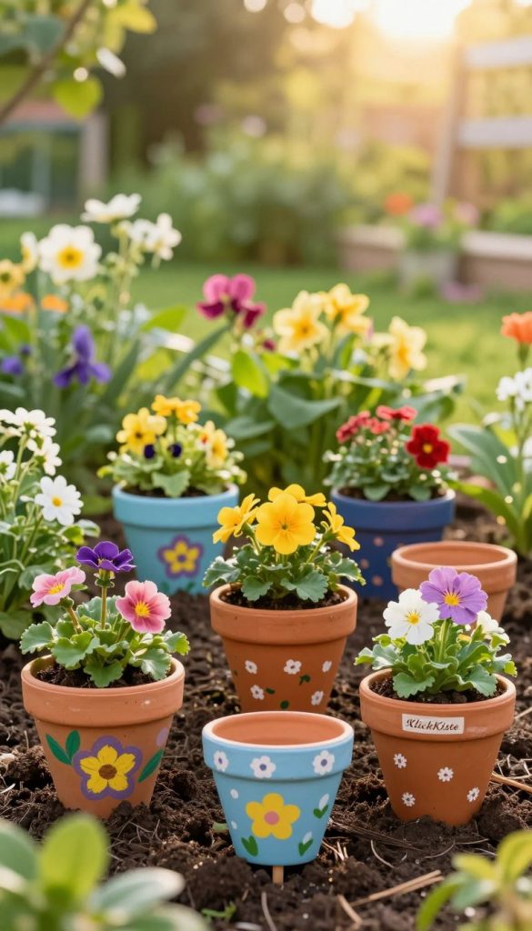 A charming and colorful DIY garden scene featuring hand-painted terracotta pots transformed into whimsical garden stakes. The foreground showcases vibrant flower-adorned pots, each uniquely designed with cheerful colors and patterns, placed in rich, dark soil. In the middle ground, a lush green garden with blooming flowers creates a vibrant backdrop. The background features soft, blurred foliage under warm, golden sunlight, imparting a natural, inviting atmosphere. The scene embodies an inspirational Pinterest aesthetic, showcasing creativity and warmth. Include a subtle branding element of "KlickKiste" into one of the pots, blending seamlessly with the design. The mood is joyful and welcoming, perfect for garden festivities and as a greeting for guests.