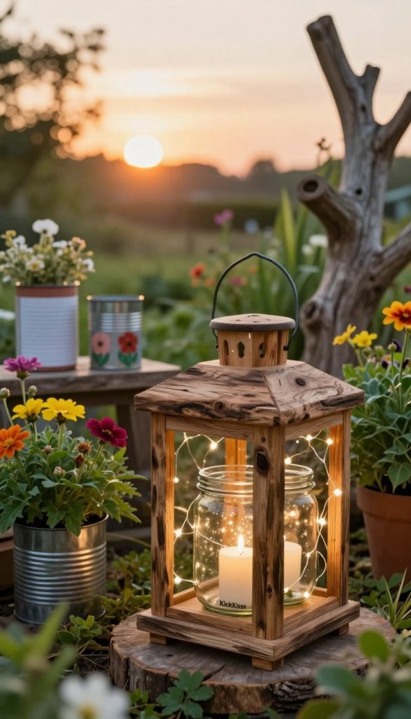 A charming and inspiring image of a DIY garden lantern made from natural materials, emphasizing sustainable upcycling ideas. The foreground features a beautifully crafted lantern assembled from reclaimed wood and glass jars, adorned with twinkling fairy lights. In the middle, a cozy garden setting showcases lush greenery, colorful flowers, and other upcycled items, like painted tin cans and driftwood sculptures. The background depicts a soft, warm sunset, casting golden light that creates a serene and inviting atmosphere. The overall mood is cozy and creative, exuding a Pinterest-worthy aesthetic with warm colors. The name "KlickKiste" subtly integrated into the scene.