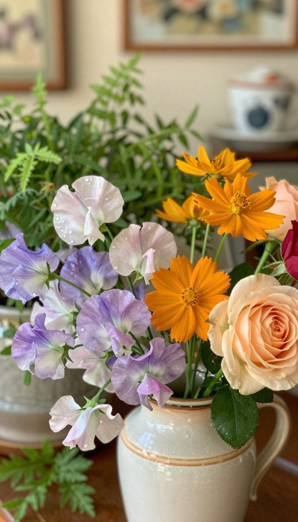 A charming arrangement of colorful retro flowers, featuring fragrant sweet peas, vibrant cosmos, and classic roses, beautifully displayed in a vintage ceramic vase. In the foreground, focus on the delicate petals of each flower type, showcasing their intricate details and textures with soft dewdrops glistening under natural light. The middle section of the image includes lush greenery and additional floral accents that complement the retro theme, while the background is softly blurred, hinting at a cozy, warmly lit room adorned with vintage decor. The overall ambiance is inviting and nostalgic, evoking a sense of DIY creativity and inspiration, reflecting warmth and authenticity typical of a "KlickKiste" aesthetic. Emphasize natural lighting to enhance the vivid colors and create a serene atmosphere. A charming arrangement of colorful retro flowers, featuring fragrant sweet peas, vibrant cosmos, and classic roses, beautifully displayed in a vintage ceramic vase. In the foreground, focus on the delicate petals of each flower type, showcasing their intricate details and textures with soft dewdrops glistening under natural light. The middle section of the image includes lush greenery and additional floral accents that complement the retro theme, while the background is softly blurred, hinting at a cozy, warmly lit room adorned with vintage decor. The overall ambiance is inviting and nostalgic, evoking a sense of DIY creativity and inspiration, reflecting warmth and authenticity typical of a "KlickKiste" aesthetic. Emphasize natural lighting to enhance the vivid colors and create a serene atmosphere.