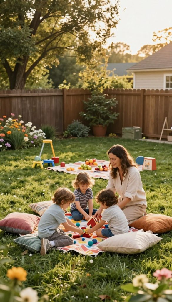 A charming backyard scene showcasing a family engaged in outdoor activities, set against a lush green lawn adorned with blooming flowers. In the foreground, a mother and two children, dressed in modest casual clothing, are joyfully building a small fort from colorful blankets and cushions, illustrating a warm, inviting atmosphere. In the middle ground, a picnic blanket is spread out, filled with fruits and snacks, alongside a few playful garden games. The background features a wooden fence and tall trees, bathed in soft, golden sunlight filtering through the leaves, creating a serene ambiance. The composition captures the essence of micro-adventures right at home, with a warm color palette that evokes feelings of comfort and inspiration. Designed in the popular Pinterest aesthetic, incorporating the brand name "KlickKiste" subtly within the scene. A charming backyard scene showcasing a family engaged in outdoor activities, set against a lush green lawn adorned with blooming flowers. In the foreground, a mother and two children, dressed in modest casual clothing, are joyfully building a small fort from colorful blankets and cushions, illustrating a warm, inviting atmosphere. In the middle ground, a picnic blanket is spread out, filled with fruits and snacks, alongside a few playful garden games. The background features a wooden fence and tall trees, bathed in soft, golden sunlight filtering through the leaves, creating a serene ambiance. The composition captures the essence of micro-adventures right at home, with a warm color palette that evokes feelings of comfort and inspiration. Designed in the popular Pinterest aesthetic, incorporating the brand name "KlickKiste" subtly within the scene.
