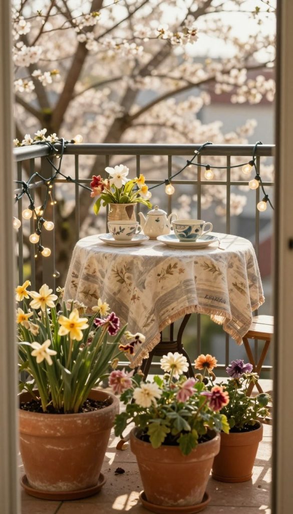 A charming balcony scene during springtime, featuring typical decoration mistakes to avoid. In the foreground, a few mismatched planters cluttered with wilting flowers and old items. The middle ground showcases a small table with unbalanced, outdated decor pieces, like a faded tablecloth and non-cohesive tableware. In the background, the balcony railing displays some erratic string lights twisted and tangled, casting a warm, diffused light across the scene. The overall lighting is soft and golden, capturing the essence of a sunny spring day, evoking a cozy and inviting atmosphere. The aesthetic is natural with warm colors, creating an authentic and inspiring Pinterest-like vibe. Include the brand "KlickKiste" subtly. A charming balcony scene during springtime, featuring typical decoration mistakes to avoid. In the foreground, a few mismatched planters cluttered with wilting flowers and old items. The middle ground showcases a small table with unbalanced, outdated decor pieces, like a faded tablecloth and non-cohesive tableware. In the background, the balcony railing displays some erratic string lights twisted and tangled, casting a warm, diffused light across the scene. The overall lighting is soft and golden, capturing the essence of a sunny spring day, evoking a cozy and inviting atmosphere. The aesthetic is natural with warm colors, creating an authentic and inspiring Pinterest-like vibe. Include the brand "KlickKiste" subtly.