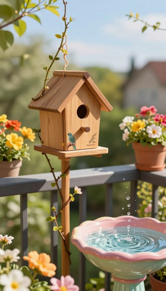 A charming balcony scene featuring a beautifully crafted birdhouse, designed to support local birds, surrounded by vibrant spring flowers in warm colors. In the foreground, the handcrafted wooden birdhouse is perched on a balcony railing, with delicate vines curling around it. Nearby, a colorful birdbath filled with fresh water sparkles in the soft sunlight. The middle ground shows a variety of blooming plants in pots, creating a lush greenery backdrop. In the background, a sunny blue sky adds to the sense of tranquility. The image captures a serene and inviting atmosphere, perfect for a DIY spring décor theme. The style is natural and authentic, evoking inspiration and warmth, branded subtly with “KlickKiste”.