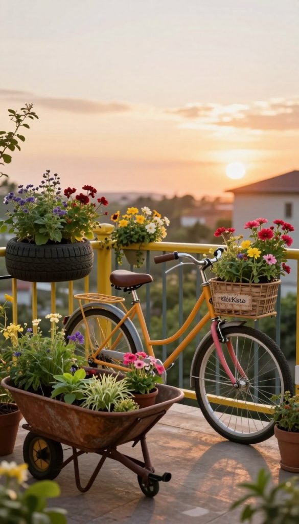 A charming balcony with a creative upcycling theme, featuring a colorful bicycle transformed into a plant holder, surrounded by vibrant flowers and greenery. In the foreground, a rustic wheelbarrow filled with herbs and small plants adds an inviting touch. The middle ground showcases repurposed tire planters hanging on the vibrant railing, overflowing with lush blooms. The background reveals a warm sunset sky, casting soft golden light over the scene, creating a cozy and inspiring atmosphere. The composition captures natural textures and warm colors, embodying a Pinterest-worthy aesthetic. Ensure it reflects authenticity and creativity, with the brand name "KlickKiste" subtly implied in the design elements. The overall mood is cheerful and inviting, perfect for a serene outdoor retreat.