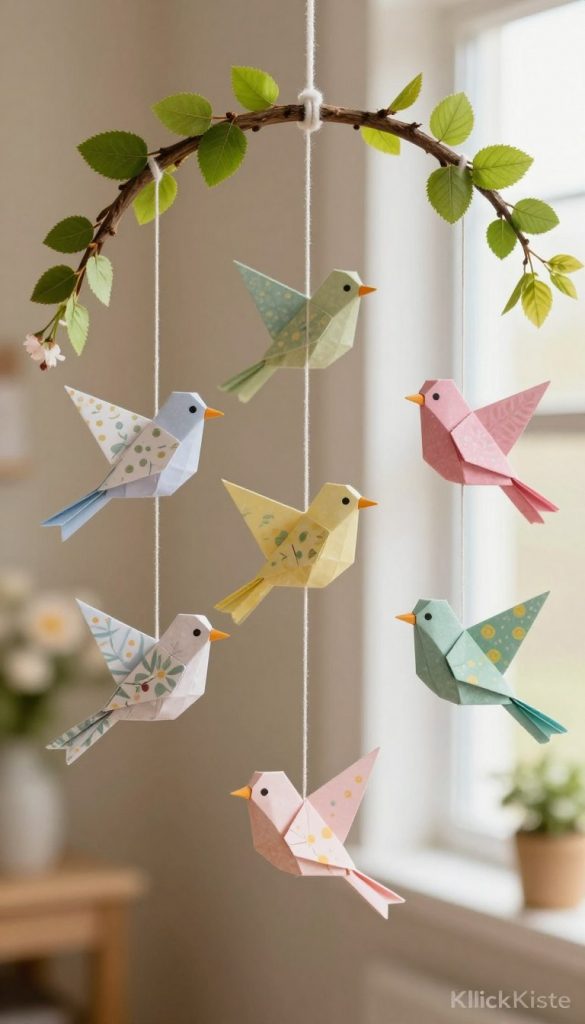 A charming collection of delicate paper birds crafted in an array of soft pastel colors, suspended gracefully from a natural twig ring, elegantly representing DIY spring decor. The foreground showcases the intricately folded paper birds, each adorned with whimsical patterns, capturing the essence of creativity and craftsmanship. In the middle ground, the twig ring, entwined with vibrant green leaves, adds a touch of nature, while hints of blooming flowers peek through, enhancing the spring theme. The background features a softly blurred warm-toned interior, bathed in gentle natural light filtering through a nearby window, creating an inviting and inspiring atmosphere. This composition embodies the spirit of "KlickKiste," evoking a Pinterest-worthy aesthetic that is both authentic and captivating.