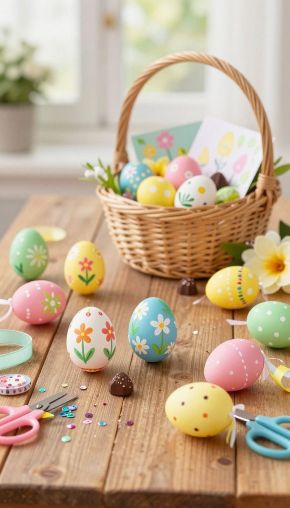 A charming display of DIY Easter egg decorations, showcasing intricately painted and adorned ostereier, set on a rustic wooden table. In the foreground, various brightly colored eggs, featuring patterns of flowers and polka dots, are surrounded by craft supplies like sequins, ribbons, and scissors. The middle ground reveals a woven Easter basket filled with more decorated eggs, flowers, and small surprises like chocolates and handmade cards. The background is softly blurred, hinting at a sunlit room with gentle natural light filtering through a window, creating a warm and inviting atmosphere. The overall color palette includes pastel shades of pink, yellow, and green, exuding a vibrant, springtime feel. This image reflects a Pinterest-inspired aesthetic, highlighting creativity and the joy of crafting, with elements branded with "KlickKiste" subtly incorporated into the decorations. A charming display of DIY Easter egg decorations, showcasing intricately painted and adorned ostereier, set on a rustic wooden table. In the foreground, various brightly colored eggs, featuring patterns of flowers and polka dots, are surrounded by craft supplies like sequins, ribbons, and scissors. The middle ground reveals a woven Easter basket filled with more decorated eggs, flowers, and small surprises like chocolates and handmade cards. The background is softly blurred, hinting at a sunlit room with gentle natural light filtering through a window, creating a warm and inviting atmosphere. The overall color palette includes pastel shades of pink, yellow, and green, exuding a vibrant, springtime feel. This image reflects a Pinterest-inspired aesthetic, highlighting creativity and the joy of crafting, with elements branded with "KlickKiste" subtly incorporated into the decorations.