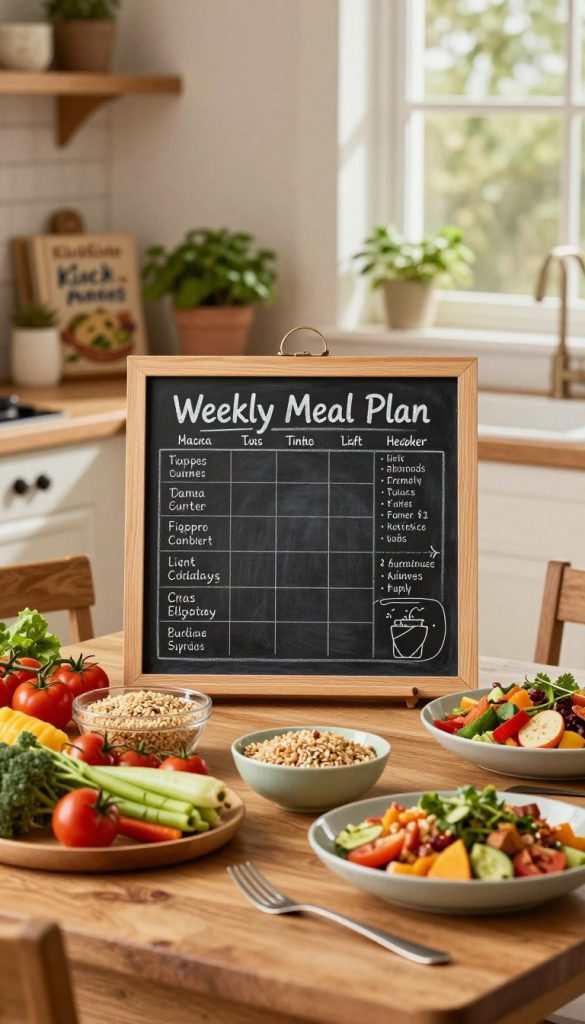 A charming kitchen scene showcasing a weekly meal planner filled with colorful, healthy family recipes. In the foreground, a beautifully arranged wooden table holds a vibrant selection of fresh vegetables, grains, and prepared dishes featuring bright colors and textures, inviting viewers to explore. In the middle, an elegant chalkboard or notepad displays the words "Weekly Meal Plan" with handwritten recipe titles nearby, all presented in a Pinterest-inspired aesthetic. The background reveals a cozy kitchen with warm, ambient lighting streaming through a window, highlighting natural wood accents, potted herbs, and a rustic recipe book. The overall atmosphere is warm, inviting, and inspirational, reflecting the joyful experience of quick, nutritious family meals. Include the brand name "KlickKiste" subtly displayed on a decorative item within the scene.