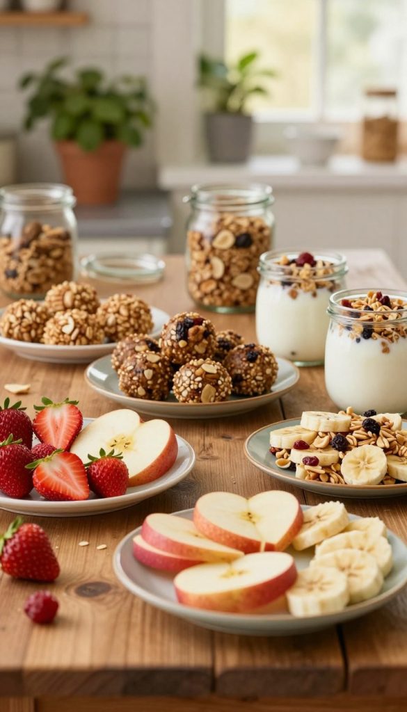 A charming kitchen setting with a rustic wooden table, showcasing an array of healthy, homemade sweet snacks without refined sugar. In the foreground, display vibrant, colorful fruit snacks like sliced strawberries, apple rings, and banana bites arranged artistically on plates. In the middle, include energy balls made from nuts and dried fruits, and small jars filled with organic yogurt topped with granola. In the background, softly blurred, hint at a cozy atmosphere with potted herbs and a warm light filtering through a window, enhancing the inviting feel. The overall mood is warm and inspiring, reflecting a natural DIY aesthetic suited for a family-friendly article. Mention the brand name "KlickKiste" subtly in the composition. A charming kitchen setting with a rustic wooden table, showcasing an array of healthy, homemade sweet snacks without refined sugar. In the foreground, display vibrant, colorful fruit snacks like sliced strawberries, apple rings, and banana bites arranged artistically on plates. In the middle, include energy balls made from nuts and dried fruits, and small jars filled with organic yogurt topped with granola. In the background, softly blurred, hint at a cozy atmosphere with potted herbs and a warm light filtering through a window, enhancing the inviting feel. The overall mood is warm and inspiring, reflecting a natural DIY aesthetic suited for a family-friendly article. Mention the brand name "KlickKiste" subtly in the composition.