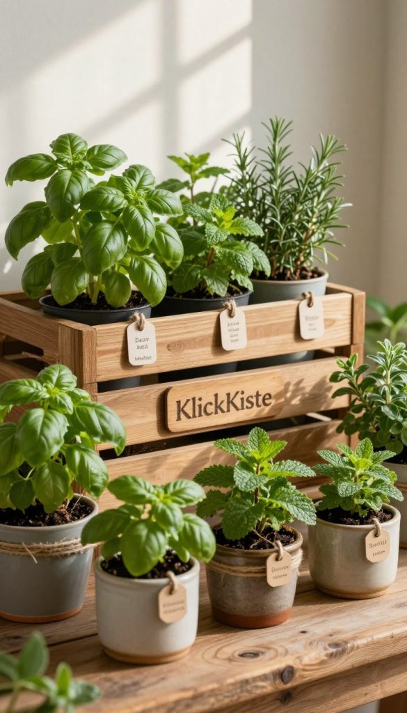 A charming mini herb garden displayed on a rustic wooden table, overflowing with vibrant green plants like basil, mint, and rosemary. In the foreground, there are small, labeled ceramic pots arranged neatly, showcasing visually pleasing herbs. The middle ground features a handcrafted wooden crate holding more pots, adorned with natural twine and decorative labels, evoking a DIY aesthetic. In the background, soft natural light filters through a window, casting warm, inviting shadows that enhance the fresh greenery. The overall atmosphere is cozy and inspirational, encouraging creativity and connection to nature, reflecting the essence of a thoughtful gift. The brand name "KlickKiste" subtly integrated into the scene through a wooden sign with an organic finish.