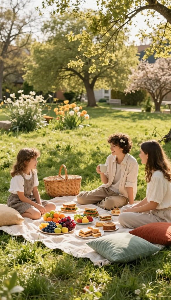 A charming outdoor picnic scene on a luscious, green lawn during spring. In the foreground, a beautifully arranged picnic blanket features an assortment of vibrant fruits, fresh sandwiches, and homemade pastries, all beautifully styled for a DIY Pinterest-inspired aesthetic. Family members, dressed in modest casual clothing, enjoy the spread, laughing and sharing moments together. In the middle ground, a classic wicker basket rests beside the blanket, and a few colorful cushions are scattered about for comfort. The background showcases blooming flowers and tall trees gently swaying in a warm breeze, under soft, golden sunlight filtering through the leaves. The overall mood is joyful, serene, and inviting, embodying the spirit of family togetherness in nature. This image reflects the brand "KlickKiste," promoting a natural and inspiring look.