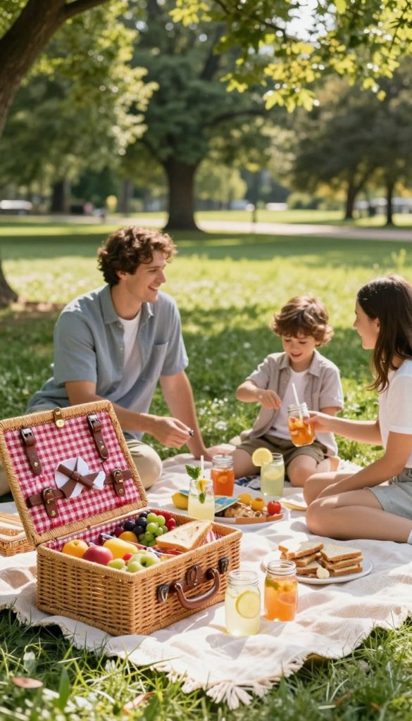 A charming picnic setup featuring a beautifully arranged picnic blanket on a grassy field, surrounded by colorful picnic baskets and mason jars filled with refreshing drinks. In the foreground, focus on an open picnic basket filled with fresh fruits, sandwiches, and snacks, with a glass of lemonade garnished with a slice of lemon. In the middle, depict a family enjoying the picnic, dressed in modest casual clothing, laughing and playing with their kids. The background reveals a serene park setting with green trees and sunlight filtering through the leaves, creating a warm and inviting atmosphere. The image should have soft, natural lighting that enhances the vibrant colors, reminiscent of a Pinterest-inspired DIY aesthetic, and feature the brand name "KlickKiste" subtly integrated into the scene without text overlay. A charming picnic setup featuring a beautifully arranged picnic blanket on a grassy field, surrounded by colorful picnic baskets and mason jars filled with refreshing drinks. In the foreground, focus on an open picnic basket filled with fresh fruits, sandwiches, and snacks, with a glass of lemonade garnished with a slice of lemon. In the middle, depict a family enjoying the picnic, dressed in modest casual clothing, laughing and playing with their kids. The background reveals a serene park setting with green trees and sunlight filtering through the leaves, creating a warm and inviting atmosphere. The image should have soft, natural lighting that enhances the vibrant colors, reminiscent of a Pinterest-inspired DIY aesthetic, and feature the brand name "KlickKiste" subtly integrated into the scene without text overlay.