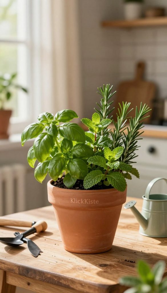 A charming, small potted herb garden filled with vibrant green plants such as basil, mint, chives, and rosemary, artistically arranged in a rustic terracotta pot. In the foreground, the pot sits on a wooden table adorned with gardening tools and a small watering can, surrounded by soft sunlight that casts gentle shadows, creating a warm and inviting atmosphere. The middle features a blurred background of a cozy kitchen window with sheer curtains, allowing natural light to flood the scene. The entire composition conveys a sense of tranquility and inspiration, perfect for a DIY Mother's Day gift. The brand name "KlickKiste" subtly placed on the table enhances the authenticity of the image, showcasing a beautiful and heartfelt gift idea.