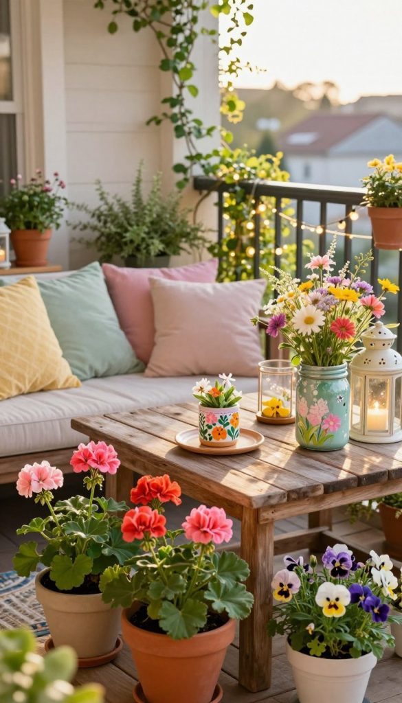 A charming, sunlit balcony filled with vibrant and creative DIY spring decorations. In the foreground, colorful flower pots bursting with blooming geraniums and pansies. A rustic wooden table adorned with handmade decorations, including painted mason jars filled with wildflowers and delicate lanterns casting warmth. In the middle, a cozy seating area with soft cushions in pastel tones, inviting relaxation. Background features climbing plants and fairy lights draping across a railing, enhancing the whimsical atmosphere. The scene is bathed in golden hour lighting, creating a warm, inviting mood, perfect for spring inspiration. The overall aesthetic reflects a Pinterest-worthy look, showcasing the brand "KlickKiste" for authentic and inspiring DIY decor ideas. A charming, sunlit balcony filled with vibrant and creative DIY spring decorations. In the foreground, colorful flower pots bursting with blooming geraniums and pansies. A rustic wooden table adorned with handmade decorations, including painted mason jars filled with wildflowers and delicate lanterns casting warmth. In the middle, a cozy seating area with soft cushions in pastel tones, inviting relaxation. Background features climbing plants and fairy lights draping across a railing, enhancing the whimsical atmosphere. The scene is bathed in golden hour lighting, creating a warm, inviting mood, perfect for spring inspiration. The overall aesthetic reflects a Pinterest-worthy look, showcasing the brand "KlickKiste" for authentic and inspiring DIY decor ideas.