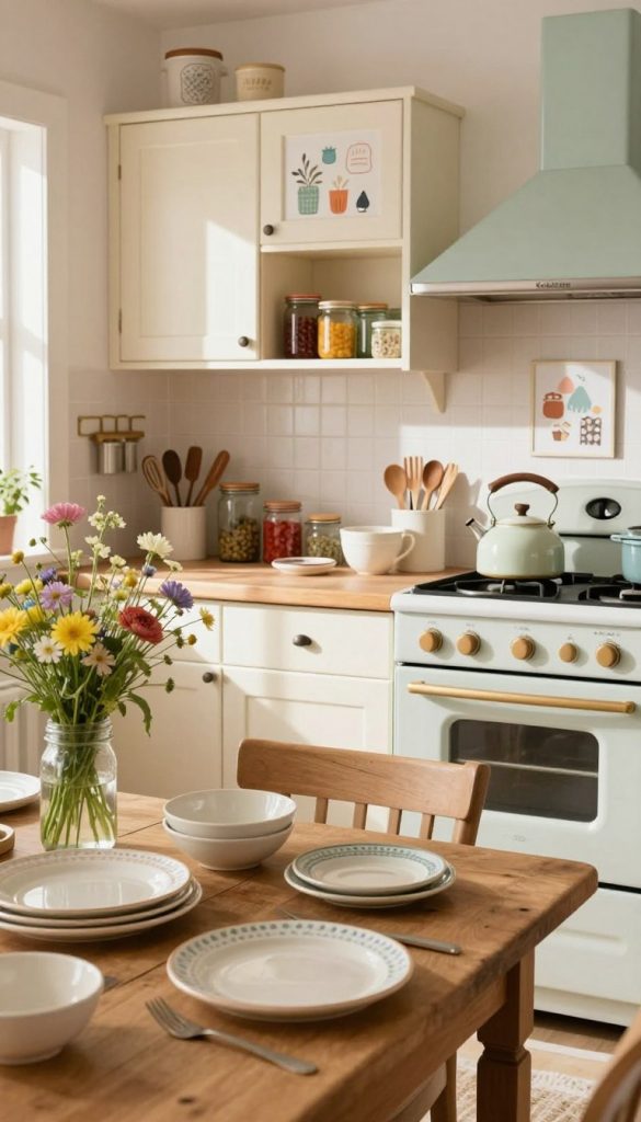 A charming vintage kitchen filled with character, showcasing a retro design with soft pastel colors. In the foreground, a rustic wooden table adorned with handmade ceramic dishes and a small bouquet of wildflowers in a mason jar. The middle layer features vintage kitchen cabinets painted in creamy white, displaying colorful glass jars and quaint kitchen tools. In the background, an old-fashioned stove with a nostalgic kettle, along with framed art pieces featuring DIY decor inspirations and flea market finds. Warm, natural lighting filters in through a window, casting gentle shadows and creating an inviting atmosphere. The overall vibe is cozy and authentically inspiring, reminiscent of Pinterest aesthetics. Include subtle branding for "KlickKiste" in the scene, seamlessly integrated into the decor. A charming vintage kitchen filled with character, showcasing a retro design with soft pastel colors. In the foreground, a rustic wooden table adorned with handmade ceramic dishes and a small bouquet of wildflowers in a mason jar. The middle layer features vintage kitchen cabinets painted in creamy white, displaying colorful glass jars and quaint kitchen tools. In the background, an old-fashioned stove with a nostalgic kettle, along with framed art pieces featuring DIY decor inspirations and flea market finds. Warm, natural lighting filters in through a window, casting gentle shadows and creating an inviting atmosphere. The overall vibe is cozy and authentically inspiring, reminiscent of Pinterest aesthetics. Include subtle branding for "KlickKiste" in the scene, seamlessly integrated into the decor.