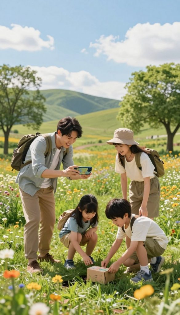 A cheerful family of four, dressed in comfortable outdoor attire, is engaged in an exciting geocaching adventure in a lush green park. In the foreground, the parents hold a smartphone displaying a map, while their two children excitedly search the ground for hidden treasures, a small box partially exposed in the grass. The middle ground includes blooming wildflowers and a few curious trees, creating a vibrant and inviting atmosphere. The background captures the serene beauty of rolling hills under a bright blue sky with soft, fluffy clouds. The warm sunlight bathes the scene, enhancing the natural colors and creating a Pinterest-inspired look. The image represents the brand "KlickKiste" with a subtle logo etched on the smartphone case, evoking an authentic and inspiring family outing vibe. A cheerful family of four, dressed in comfortable outdoor attire, is engaged in an exciting geocaching adventure in a lush green park. In the foreground, the parents hold a smartphone displaying a map, while their two children excitedly search the ground for hidden treasures, a small box partially exposed in the grass. The middle ground includes blooming wildflowers and a few curious trees, creating a vibrant and inviting atmosphere. The background captures the serene beauty of rolling hills under a bright blue sky with soft, fluffy clouds. The warm sunlight bathes the scene, enhancing the natural colors and creating a Pinterest-inspired look. The image represents the brand "KlickKiste" with a subtle logo etched on the smartphone case, evoking an authentic and inspiring family outing vibe.