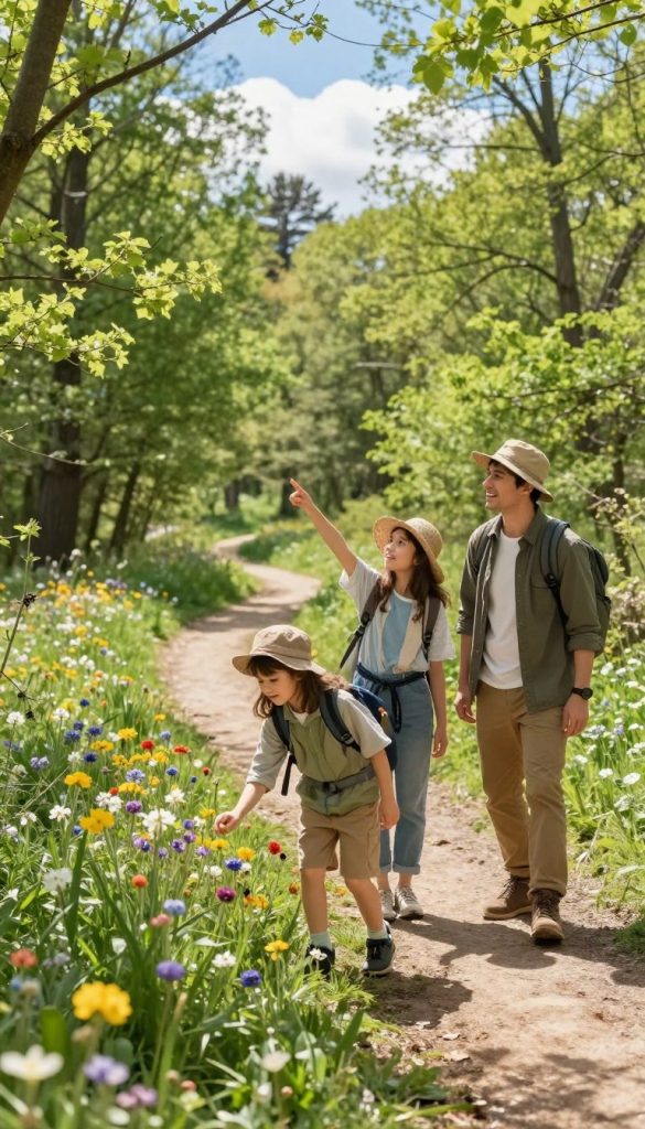 A cheerful family of four, including two children aged around 6 and 8, enjoying a spring hike in a lush green forest. The parents, dressed in casual yet stylish outdoor attire, are playfully interacting with the kids, who are excitedly exploring nature. In the foreground, one child bends down to examine a colorful wildflower, while the other points excitedly at a distant tree. The middle ground features a winding dirt trail surrounded by vibrant greenery and blooming wildflowers. The background reveals tall trees under a bright blue sky with fluffy white clouds, creating an inviting atmosphere. Soft, warm sunlight filters through the leaves, casting gentle shadows. The scene embodies a sense of adventure and family bonding with a natural DIY aesthetic, inspired by KlickKiste.
