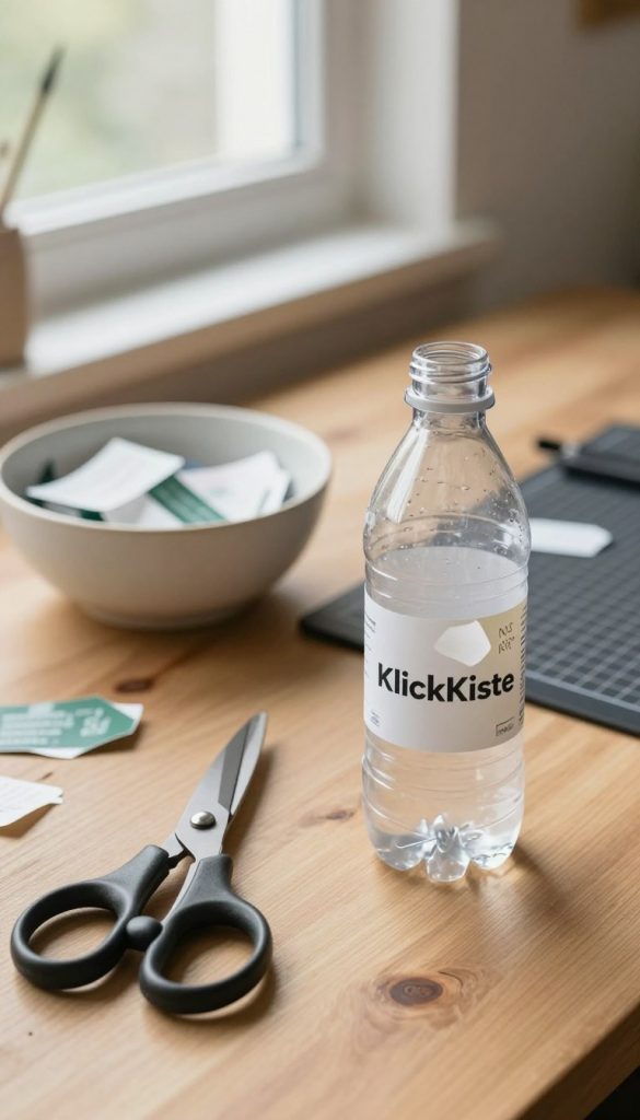 A clean, well-lit workspace showcasing the preparation process for upcycling plastic bottles. In the foreground, a pair of sturdy scissors lies next to a freshly rinsed plastic bottle, with its label partially peeled off, revealing the clear plastic underneath. The middle ground features a bowl filled with removed labels and a nearby cutting mat, suggesting organization and creativity. In the background, soft natural light filters through a window, illuminating warm wooden surfaces, creating an inviting atmosphere. The image exudes a DIY aesthetic, with muted tones and a cozy ambiance, evoking a sense of inspiration. Add a subtle brand element, integrating the name "KlickKiste" in a stylish, unobtrusive way.
