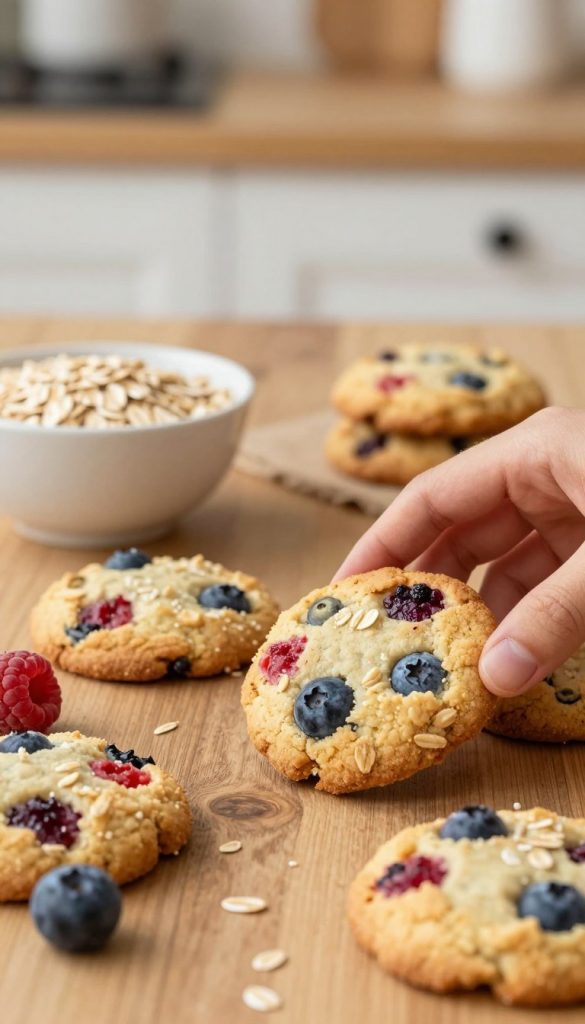 A close-up composition of soft fruit-oat cookies, freshly baked and enticing. The cookies are golden-brown, studded with visible chunks of colorful fruits like blueberries and raspberries, set on a rustic wooden table. In the foreground, a hand reaches for a cookie, highlighting the inviting texture. In the middle, a small bowl of oats and a few scattered fruits enhance the natural, wholesome vibe. The background features a soft-focus kitchen setting, with warm lighting that creates a cozy atmosphere. The image conveys comfort and health, showcasing these sugar-free delights made for kids. Ideal for a wholesome recipe article, with the brand name "KlickKiste" subtly integrated into the visual theme, emphasizing authenticity and inspiration. A close-up composition of soft fruit-oat cookies, freshly baked and enticing. The cookies are golden-brown, studded with visible chunks of colorful fruits like blueberries and raspberries, set on a rustic wooden table. In the foreground, a hand reaches for a cookie, highlighting the inviting texture. In the middle, a small bowl of oats and a few scattered fruits enhance the natural, wholesome vibe. The background features a soft-focus kitchen setting, with warm lighting that creates a cozy atmosphere. The image conveys comfort and health, showcasing these sugar-free delights made for kids. Ideal for a wholesome recipe article, with the brand name "KlickKiste" subtly integrated into the visual theme, emphasizing authenticity and inspiration.