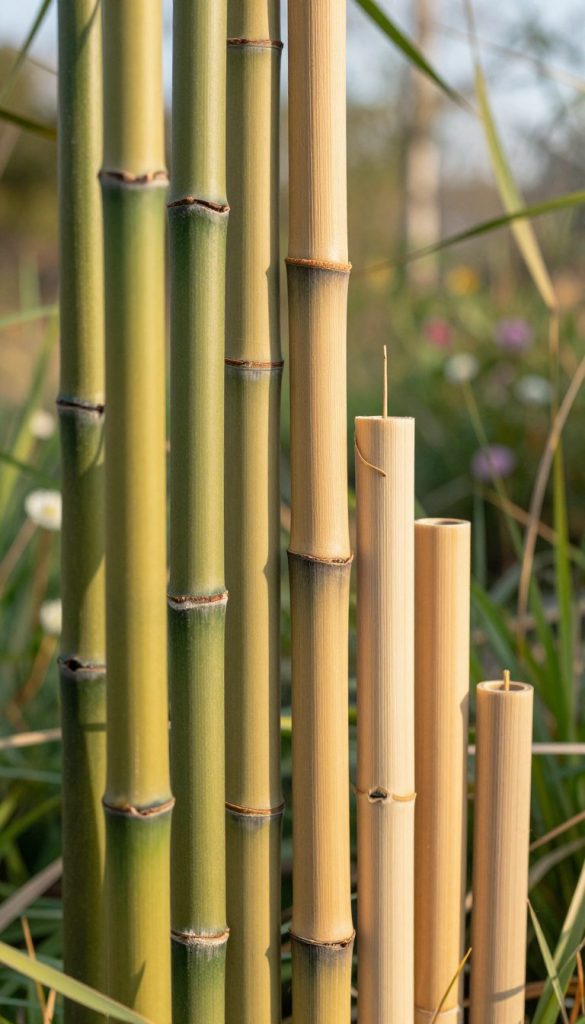 A close-up image of bamboo, reed, and pithy stems arranged artistically in a natural setting. The foreground features vibrant green bamboo stalks, their smooth texture contrasting with the rough edges of the reed, while the pithy stems add a unique touch. In the middle ground, sunlight filters through these plants, casting soft shadows, highlighting their intricate details. The background is softly blurred, depicting a serene garden with hints of wildflowers and a gentle breeze, creating a calming atmosphere. The overall ambiance has warm, golden tones reminiscent of a Pinterest aesthetic, evoking authenticity and inspiration. This image reflects the essence of natural materials used for building insect hotels. Suitable for KlickKiste.