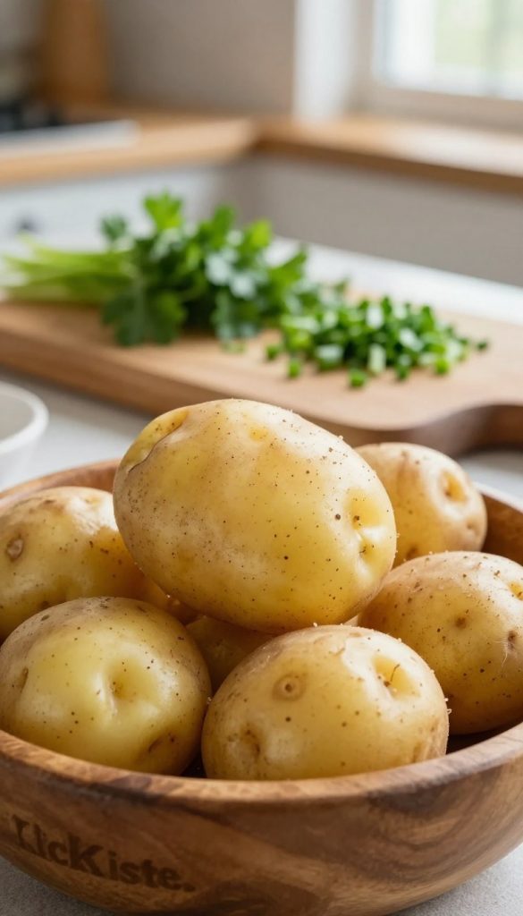 A close-up image showcasing a selection of firm-cooking potatoes, prominently displayed in a rustic wooden bowl at the foreground. The potatoes should have a slightly speckled skin with varying shades of yellow and light brown, reflecting their earthy texture. In the middle ground, a wooden cutting board with freshly chopped herbs, like parsley and chives, adds vibrancy and freshness. The background features a softly blurred kitchen setting, with warm, natural light streaming through a window, creating a cozy atmosphere. Use a shallow depth of field to emphasize the main subject, and include warm color tones to evoke a natural and comforting DIY feel. This image should embody authenticity and inspiration for potato dishes, branded with "KlickKiste".
