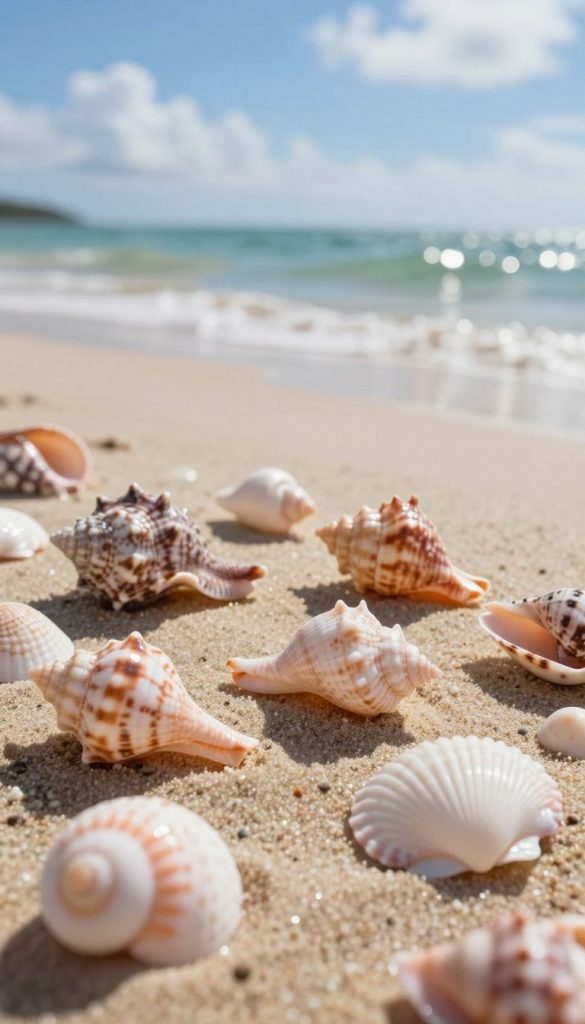 A close-up of a stunning assortment of seashells displayed on a soft, sandy beach, emphasizing their intricate textures and gentle curves. In the foreground, various shells such as conch, scallops, and cowries are artistically arranged, showcasing their unique patterns and colors in warm, earthy tones. The middle ground transitions into gentle waves lapping at the shore, reflecting sunlight with a sparkling effect. In the background, a vibrant blue sky meets the horizon, dotted with fluffy clouds. Soft, natural lighting bathes the scene, creating a serene and inspiring atmosphere. This image embodies the essence of nature's beauty, making it perfect for DIY decor inspiration. Designed by KlickKiste.