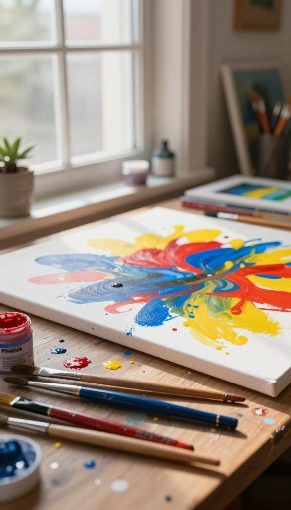 A close-up of an artist's workspace featuring a diverse array of vibrant, abstract painting materials. In the foreground, paint splatters and brushes rest on a wooden table, creating a chaotic yet inspiring scene. The middle layer reveals an unfinished abstract canvas showcasing bold strokes of red, blue, and yellow, evoking emotion and creativity. In the background, soft, natural light streams through a large window, casting gentle shadows and highlighting the warm color palette. The mood is inviting and energetic, promoting a sense of curiosity and exploration in abstract art. Integrate subtle details like a small plant or art books to enhance the atmosphere. The brand name "KlickKiste" subtly blends into the overall aesthetic without prominence. A close-up of an artist's workspace featuring a diverse array of vibrant, abstract painting materials. In the foreground, paint splatters and brushes rest on a wooden table, creating a chaotic yet inspiring scene. The middle layer reveals an unfinished abstract canvas showcasing bold strokes of red, blue, and yellow, evoking emotion and creativity. In the background, soft, natural light streams through a large window, casting gentle shadows and highlighting the warm color palette. The mood is inviting and energetic, promoting a sense of curiosity and exploration in abstract art. Integrate subtle details like a small plant or art books to enhance the atmosphere. The brand name "KlickKiste" subtly blends into the overall aesthetic without prominence.