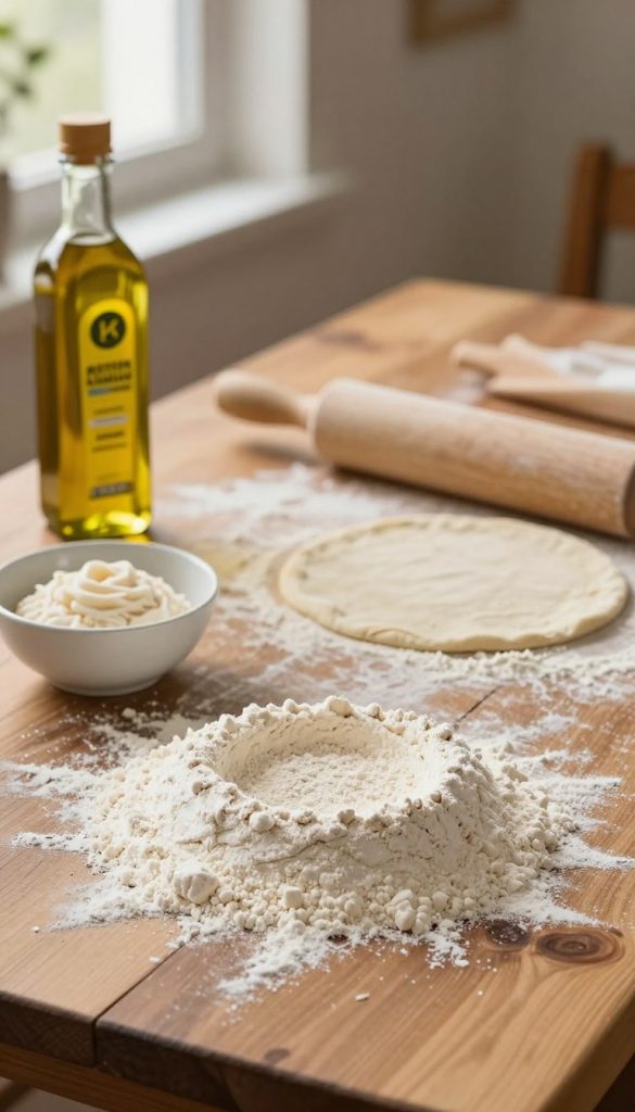 A close-up scene of essential pizza-making ingredients: a rustic wooden table strewn with flour, a mound of all-purpose flour in the foreground, alongside a small bowl of active dry yeast and a bottle of golden olive oil. The middle ground features a rolling pin and a lightly dusted surface, ready for shaping the dough. In the background, soft, warm lighting filters through a window, casting gentle shadows that create a cozy, inviting atmosphere. The vibrant hues of the ingredients contrast beautifully, reflecting a natural DIY aesthetic. This image embodies inspiration and authenticity, aligned with the brand "KlickKiste," perfect for engaging families in mini pizza preparation.
