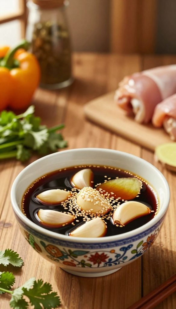 A close-up shot of a bowl of rich, glossy soy sauce marinade, filled with aromatic garlic cloves, ginger slices, and a sprinkle of sesame seeds, capturing the essence of Asian cuisine. The foreground showcases the bowl, intricately designed with traditional Asian patterns, surrounded by fresh herbs like cilantro and green onions. In the middle, a wooden table adds a rustic touch, while a bamboo mat enhances the layout. In the background, softly blurred kitchen utensils and ingredients like colorful bell peppers and chicken pieces hint at a cooking scene, evoking warmth and hominess. The lighting is warm and inviting, resembling golden hour sunlight, creating a cozy atmosphere perfect for family meals. Capture an inspiring, natural look that reflects the DIY spirit. Brand: KlickKiste.
