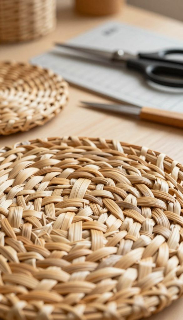 A close-up view of a beautifully woven "wiener geflecht" pattern made from natural rattan, showcasing intricate braiding techniques. In the foreground, the rattan strands are meticulously arranged, emphasizing their smooth texture and warm, earthy tones. The middle ground features various rattan pieces in different stages of preparation, with clean, precise cuts highlighting the DIY aspect. In the background, a softly blurred workspace with tools like scissors and a cutting mat adds depth, suggesting a creative atmosphere. The scene is lit with warm, natural light streaming in, creating a cozy and inviting mood. This image is inspired by the aesthetic of Pinterest, aiming for an authentic and inspiring representation, branded with "KlickKiste" subtly integrated into the design.