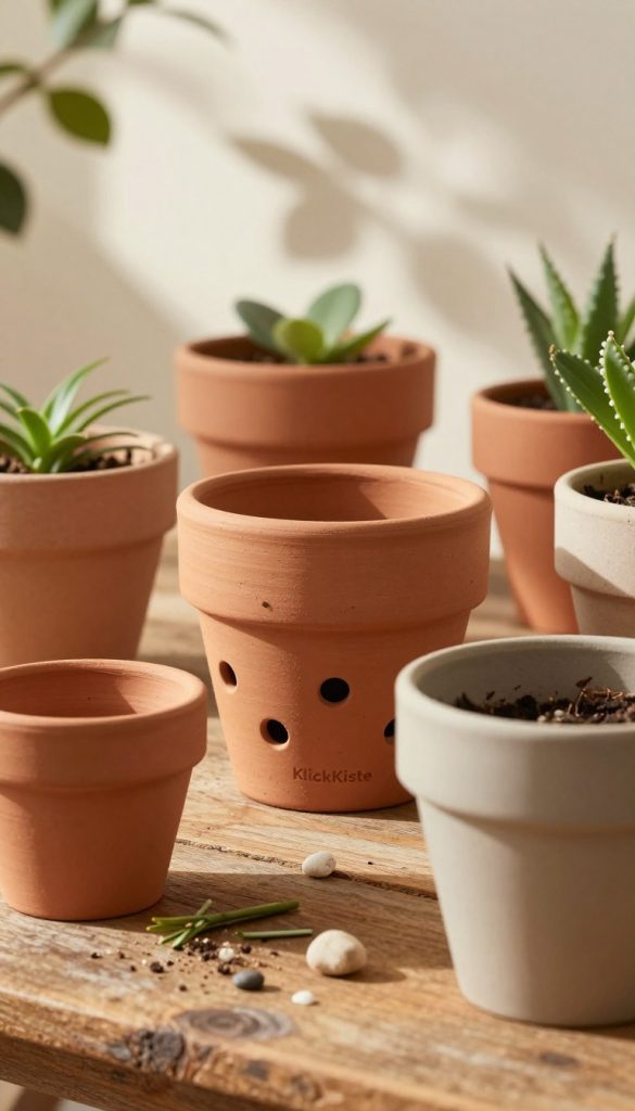 A close-up view of a collection of upcycled plant pots featuring multiple drainage holes, showcasing their unique textures and warm, earthy colors. The foreground includes pots made from various materials like clay, plastic, and repurposed items, each with distinct drainage designs and a few plants peeking out. The middle ground shows a rustic wooden table adorned with scattered natural elements like small pebbles and plant cuttings. In the background, soft, diffused sunlight filters through leaves, casting gentle shadows and creating a warm, inviting atmosphere. The overall mood is authentic and inspiring, reflecting the DIY aesthetic of sustainable gardening. Incorporate the brand name "KlickKiste" by subtly integrating it into the design of one pot without drawing attention away from the main focus.