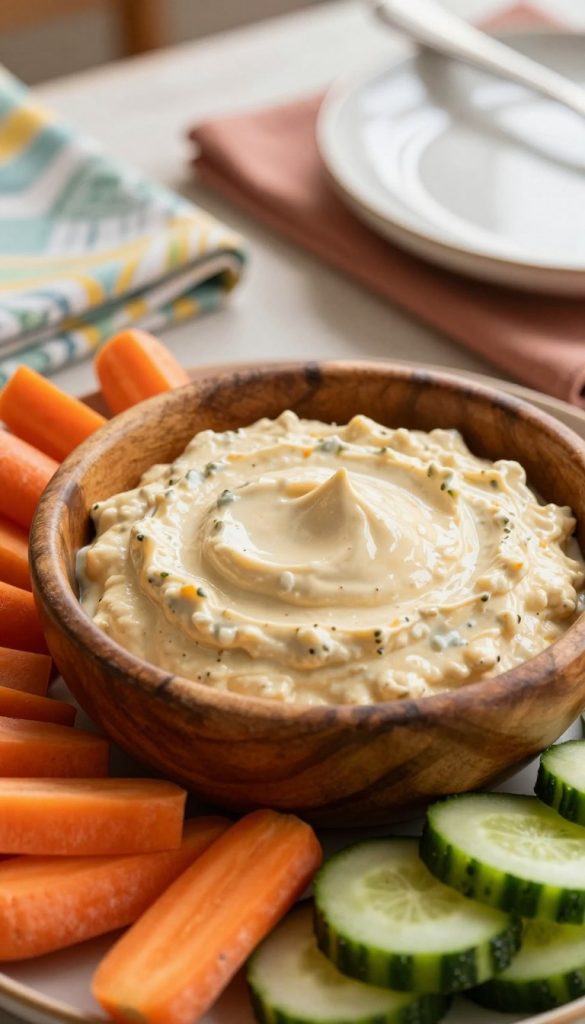 A close-up view of a creamy dip in a rustic wooden bowl, surrounded by fresh vegetables like carrot sticks and cucumber slices for dipping. The dip is smooth with a rich, inviting texture, gleaming under soft, warm lighting that creates a cozy atmosphere. In the background, a slightly blurred table setting includes colorful napkins and a beautiful ceramic dish, evoking a family-friendly dining scene. The warm colors and natural materials give a Pinterest-inspired aesthetic. The branding "KlickKiste" subtly integrated into the scene, maybe on the napkins or dish. Shot with a shallow depth of field, focusing tightly on the dip and vegetables to emphasize their freshness and appeal. A close-up view of a creamy dip in a rustic wooden bowl, surrounded by fresh vegetables like carrot sticks and cucumber slices for dipping. The dip is smooth with a rich, inviting texture, gleaming under soft, warm lighting that creates a cozy atmosphere. In the background, a slightly blurred table setting includes colorful napkins and a beautiful ceramic dish, evoking a family-friendly dining scene. The warm colors and natural materials give a Pinterest-inspired aesthetic. The branding "KlickKiste" subtly integrated into the scene, maybe on the napkins or dish. Shot with a shallow depth of field, focusing tightly on the dip and vegetables to emphasize their freshness and appeal.