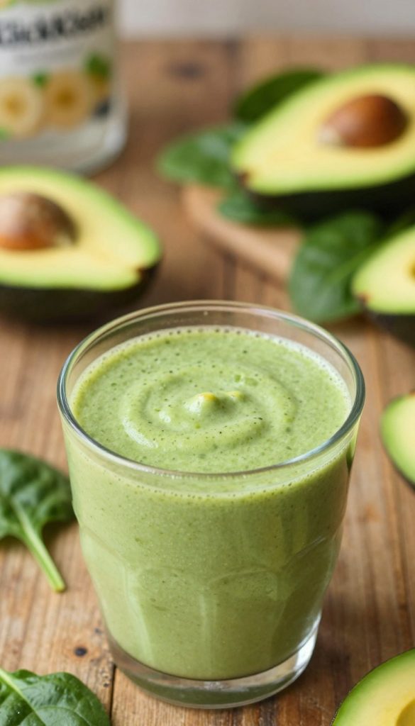 A close-up view of a creamy green smoothie in a glass, showcasing its smooth, velvety texture. The foreground highlights the rich, vibrant green color of the smoothie, with small flecks of fresh ingredients like spinach, avocado, and a hint of banana. In the middle, a rustic wooden table invites the viewer, surrounded by fresh fruits and leafy greens, enhancing the natural DIY aesthetic. The background features soft, diffused lighting illuminating the scene, evoking a warm and inviting atmosphere. A subtle bokeh effect adds depth, creating an inspiring, Pinterest-worthy image that embodies the idea of healthy and delicious. Brand logo "KlickKiste" subtly integrated into the composition for authenticity.