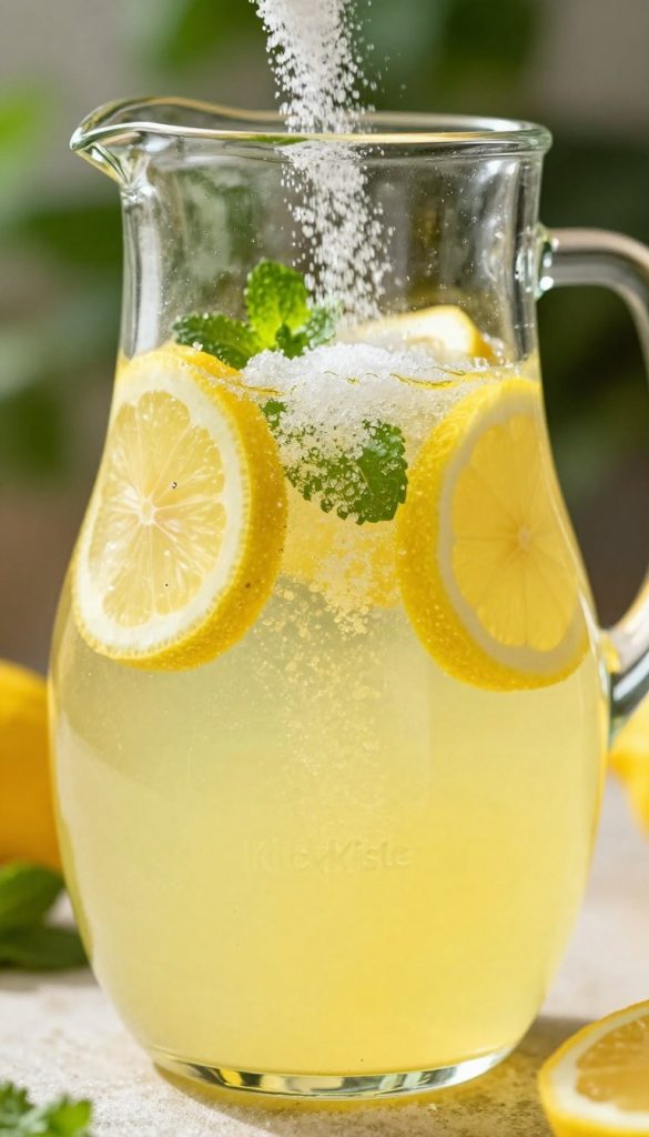A close-up view of a glass pitcher filled with refreshing summer lemonade, capturing the moment when sugar is fully dissolved into the bright yellow liquid. In the foreground, show granulated sugar dissolving, with focused reflections of light on the crystalline sugar. In the middle ground, vibrant slices of lemon and fresh mint leaves float gracefully in the lemonade, adding pops of color. The background features a sunlit outdoor scene with blurred green foliage, suggesting a warm, inviting summer day. Use soft, natural lighting to create a warm atmosphere, evoking feelings of refreshment and relaxation. Emphasize a Pinterest-inspired aesthetic, reflecting authenticity and inspiration, alongside the brand name "KlickKiste".