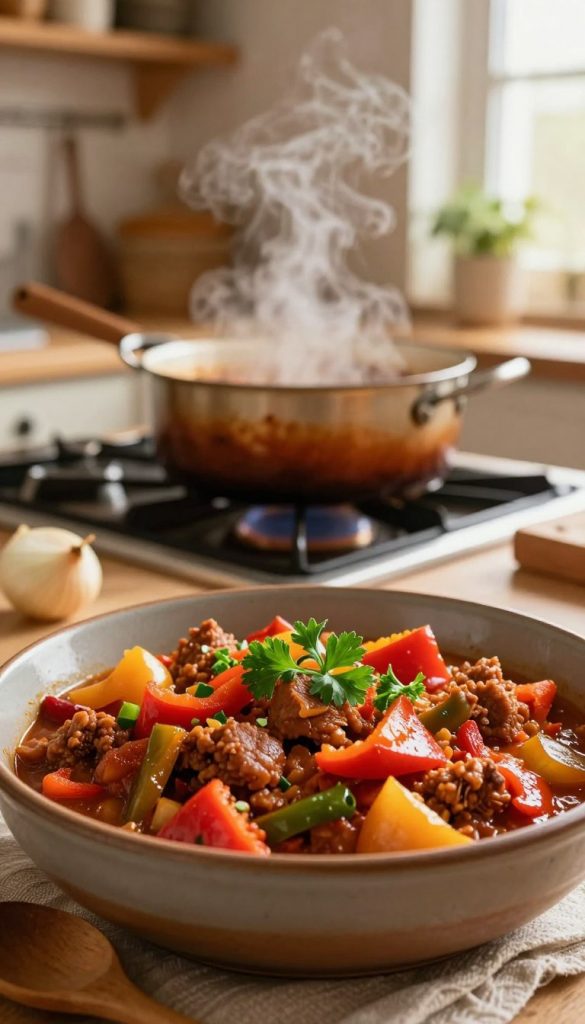 A close-up view of a hearty, homemade paprika goulash served in a rustic bowl, garnished with fresh parsley and surrounded by colorful bell peppers and onions. In the foreground, a wooden spoon rests beside the bowl, suggesting a warm, inviting atmosphere. The middle ground features a hand-stirred pot on a cozy stove, emitting gentle steam, while the background includes a softly lit kitchen with warm tones, wooden shelves, and a hint of sunlight streaming through a window, creating an inviting ambiance. The lighting is soft and natural, evoking a sense of home-cooked comfort. The overall mood is warm and welcoming, embodying authentic family meals. Designed in a Pinterest-inspired style, reflecting the brand "KlickKiste" with a natural DIY look. A close-up view of a hearty, homemade paprika goulash served in a rustic bowl, garnished with fresh parsley and surrounded by colorful bell peppers and onions. In the foreground, a wooden spoon rests beside the bowl, suggesting a warm, inviting atmosphere. The middle ground features a hand-stirred pot on a cozy stove, emitting gentle steam, while the background includes a softly lit kitchen with warm tones, wooden shelves, and a hint of sunlight streaming through a window, creating an inviting ambiance. The lighting is soft and natural, evoking a sense of home-cooked comfort. The overall mood is warm and welcoming, embodying authentic family meals. Designed in a Pinterest-inspired style, reflecting the brand "KlickKiste" with a natural DIY look.
