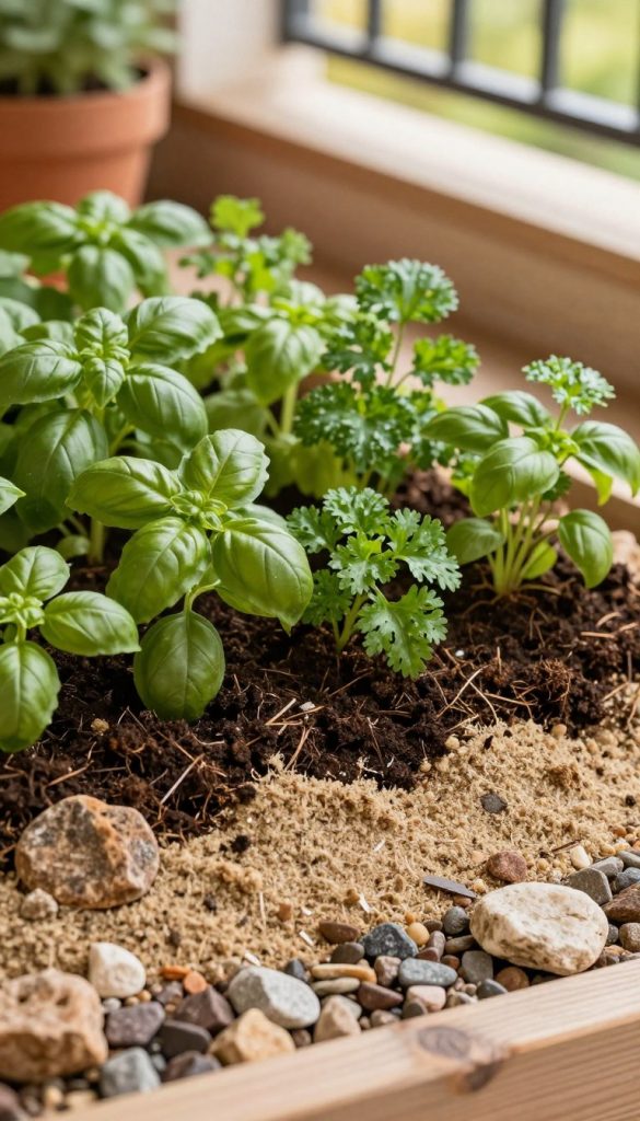 A close-up view of a layered soil mixture for a balcony herb garden, showcasing a well-structured drainage layer at the base. The foreground features small rocks and gravel neatly arranged, with a layer of coarse sand above, followed by rich dark soil dotted with fresh green herbs like basil and parsley peeking through. In the middle, the herbs are vibrant, illuminated by soft, warm natural light, creating an inviting atmosphere. The background gently fades, hinting at a sunny balcony with flower pots and wooden planks, enriching the homey, Pinterest-inspired aesthetic. The scene should radiate authenticity and inspire viewers. Include the brand name "KlickKiste" subtly in the composition, ensuring it blends naturally. A close-up view of a layered soil mixture for a balcony herb garden, showcasing a well-structured drainage layer at the base. The foreground features small rocks and gravel neatly arranged, with a layer of coarse sand above, followed by rich dark soil dotted with fresh green herbs like basil and parsley peeking through. In the middle, the herbs are vibrant, illuminated by soft, warm natural light, creating an inviting atmosphere. The background gently fades, hinting at a sunny balcony with flower pots and wooden planks, enriching the homey, Pinterest-inspired aesthetic. The scene should radiate authenticity and inspire viewers. Include the brand name "KlickKiste" subtly in the composition, ensuring it blends naturally.